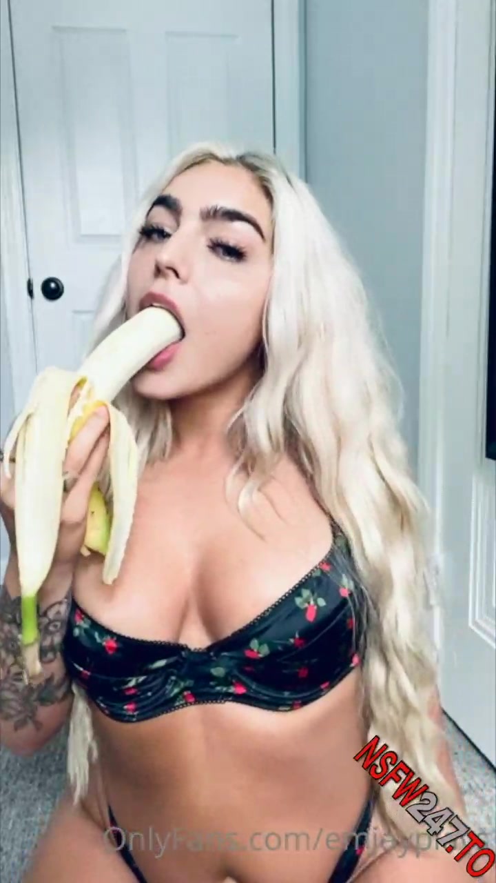 Emily Rinaudo striping teasing and sucking off banana in a black lingerie onlyfans porn videos